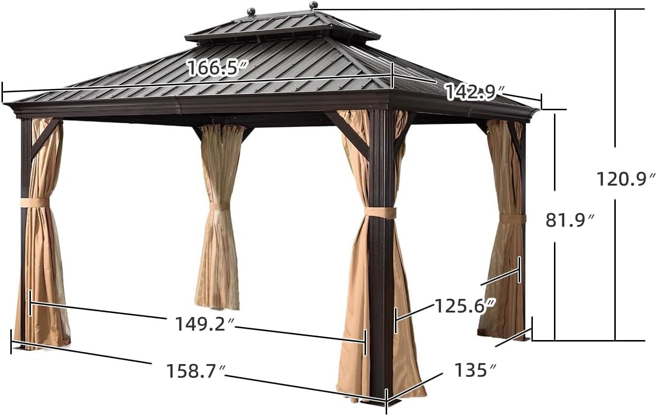12' X 14' Outdoor Hardtop Gazebo Permanent outside Heavy Duty Sun Shade Deck Canopy for Patio All Weather Aluminum Metal Roof Backyard Pavilion with Netting and Curtains