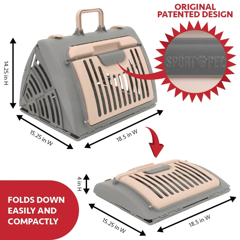 Designs Cat Carrier, Foldable Plastic, Medium, 25 Lb Limit, Gray, 15.25" L X 18.5" W X 14.25" H
