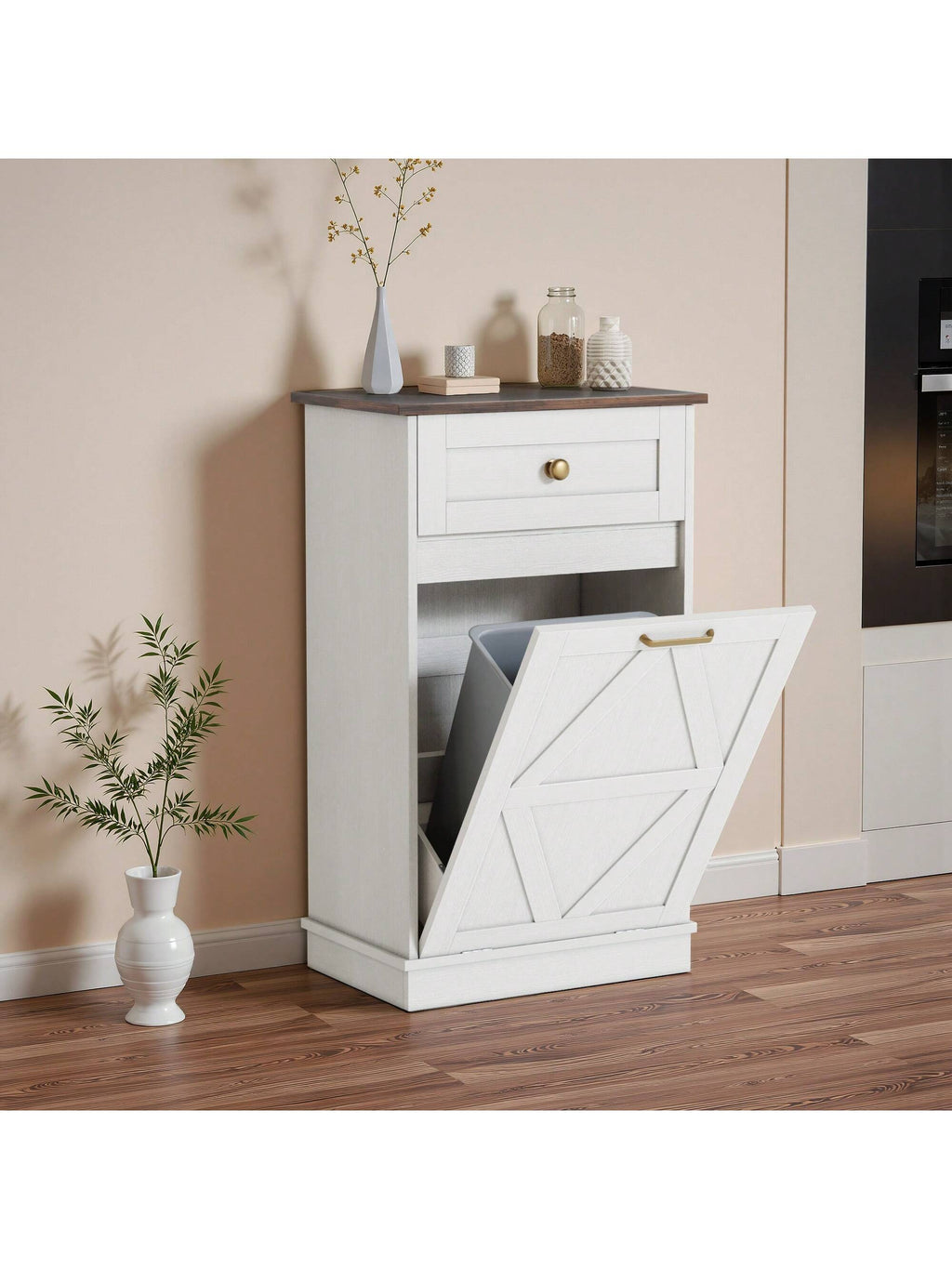 Furniwell Tilt Out Trash Cabinet Wooden Free Standing Laundry Sorter Cabinet,Recycling Cabinet with Hideaway Drawer,Tilt Out Trash Cabinet Can Bin Kitchen