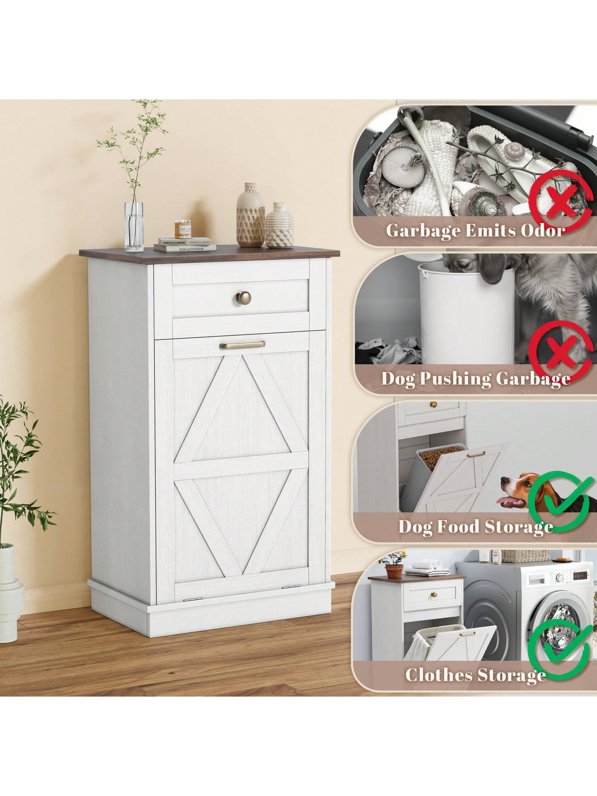 Furniwell Tilt Out Trash Cabinet Wooden Free Standing Laundry Sorter Cabinet,Recycling Cabinet with Hideaway Drawer,Tilt Out Trash Cabinet Can Bin Kitchen