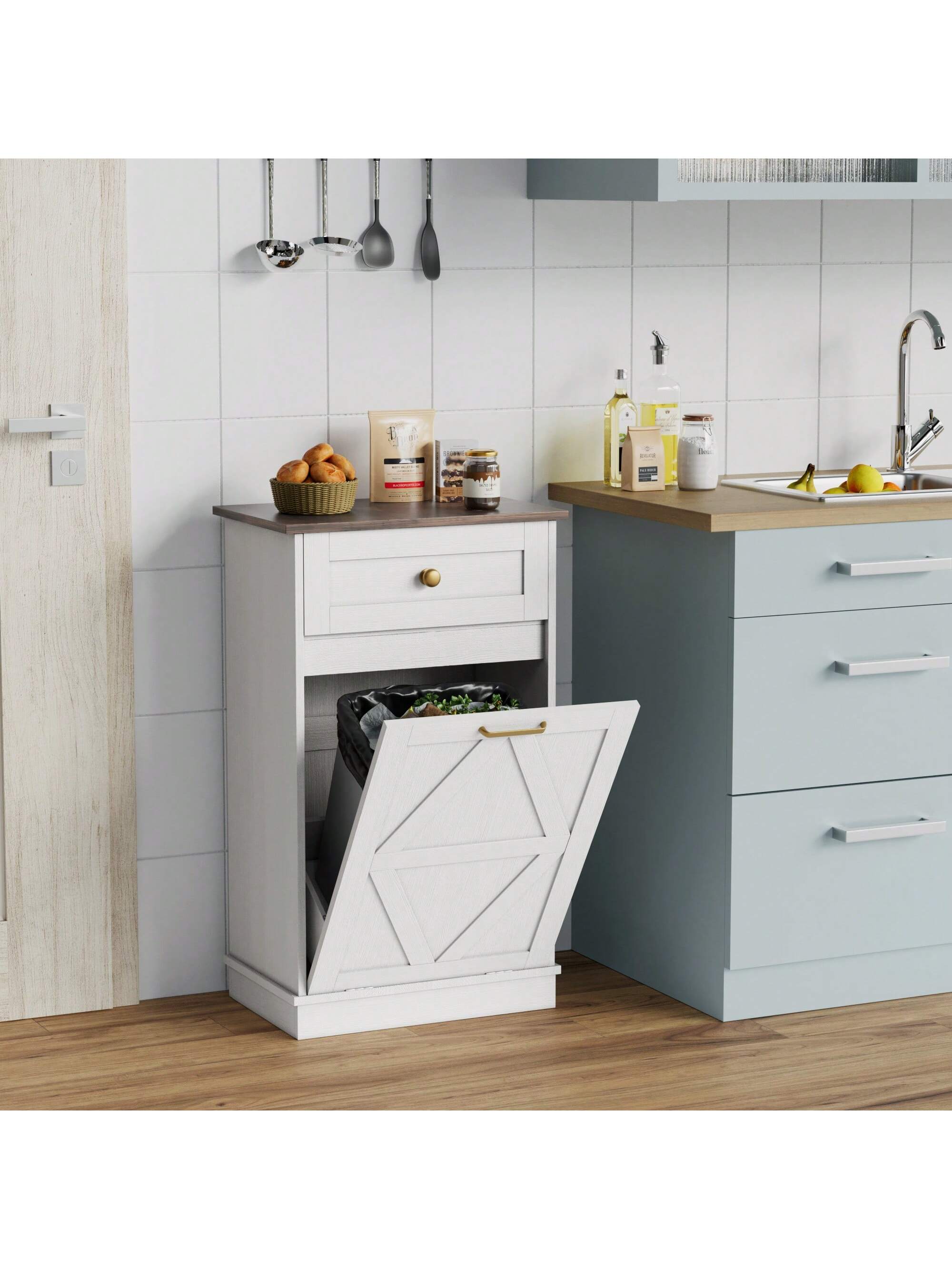 Furniwell Tilt Out Trash Cabinet Wooden Free Standing Laundry Sorter Cabinet,Recycling Cabinet with Hideaway Drawer,Tilt Out Trash Cabinet Can Bin Kitchen