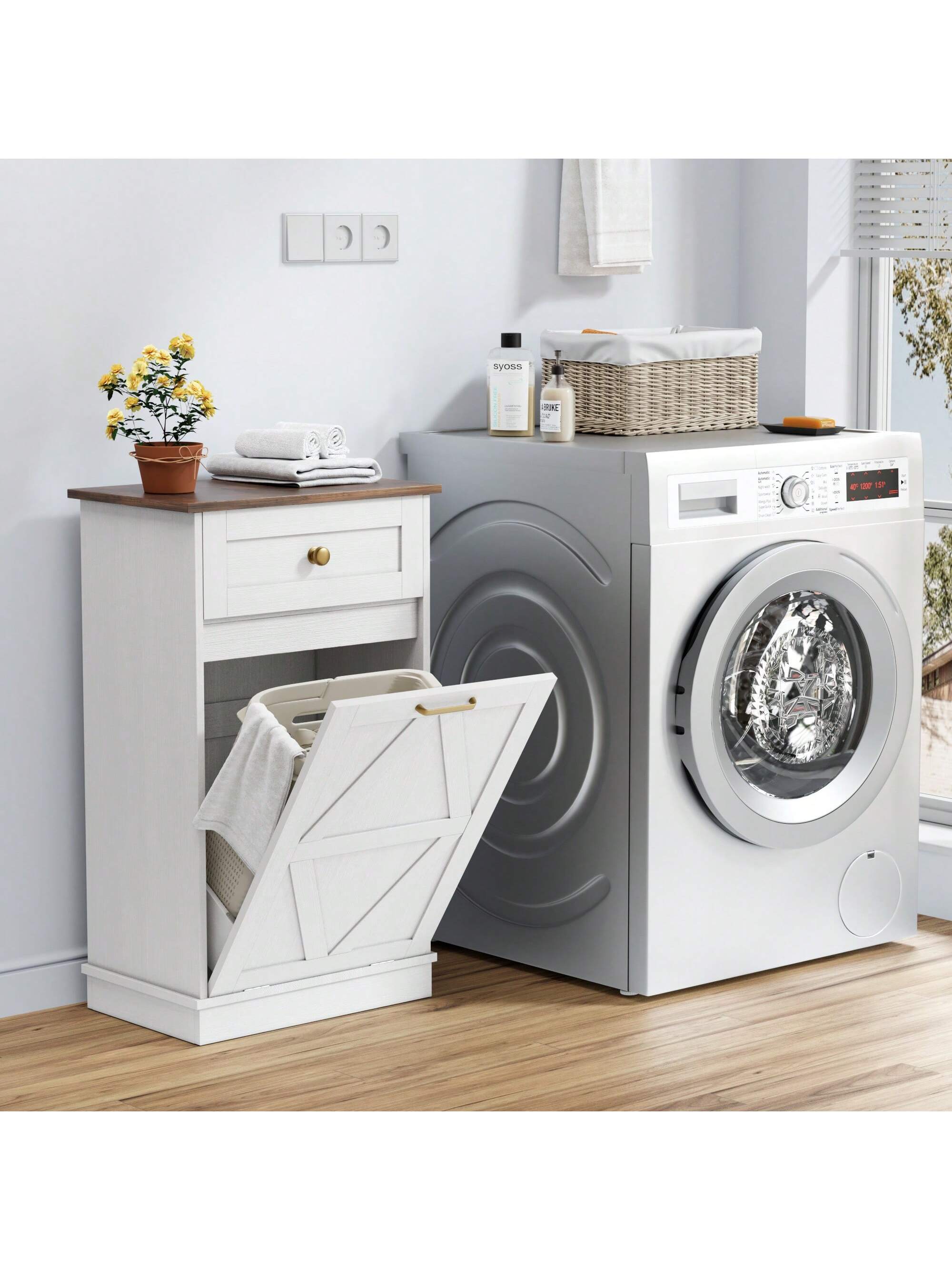 Furniwell Tilt Out Trash Cabinet Wooden Free Standing Laundry Sorter Cabinet,Recycling Cabinet with Hideaway Drawer,Tilt Out Trash Cabinet Can Bin Kitchen