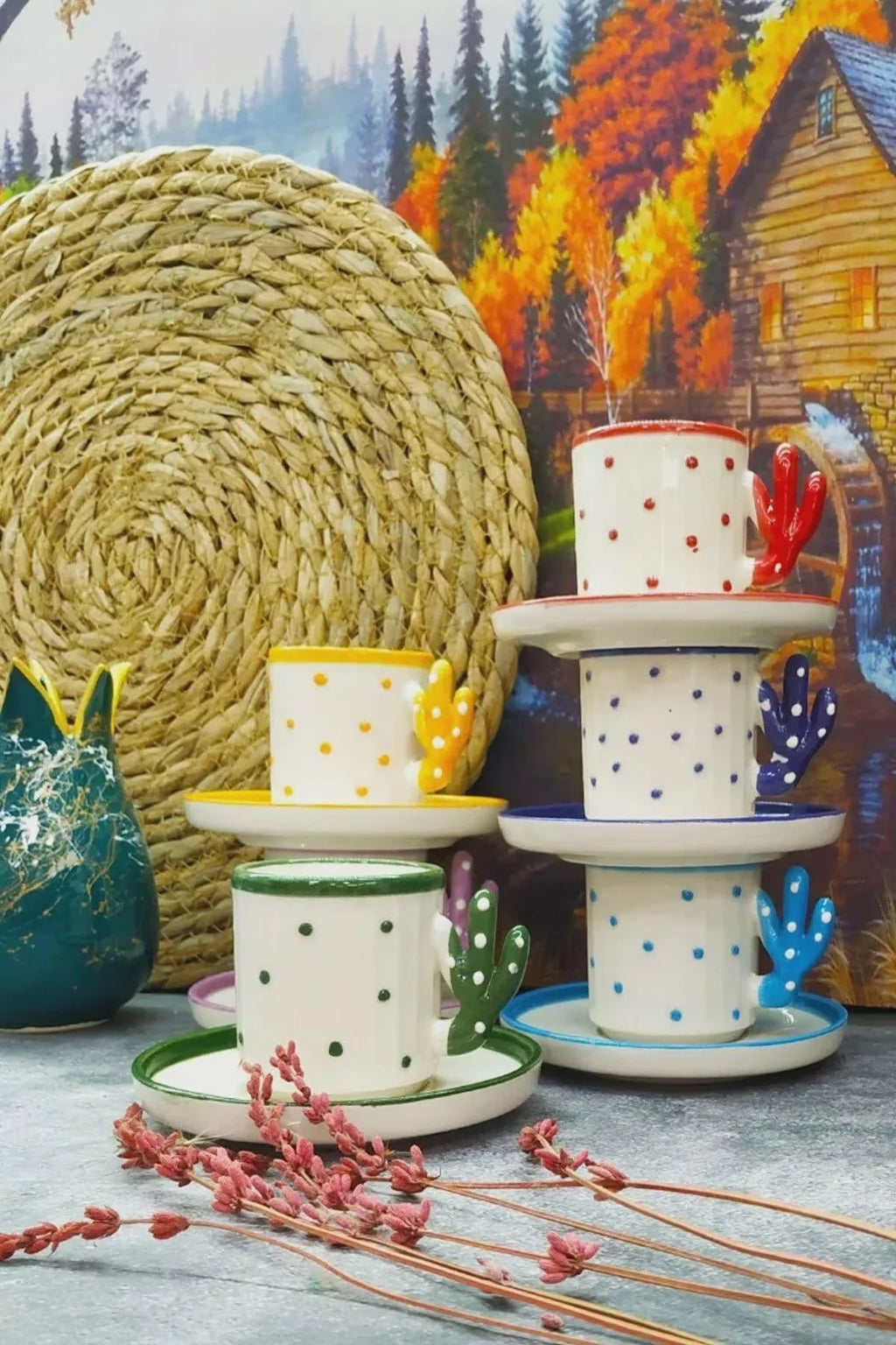 Handmade Cactus Turkish Coffee Cup Set for 6 with Boho Cactus Turkish Coffee Design