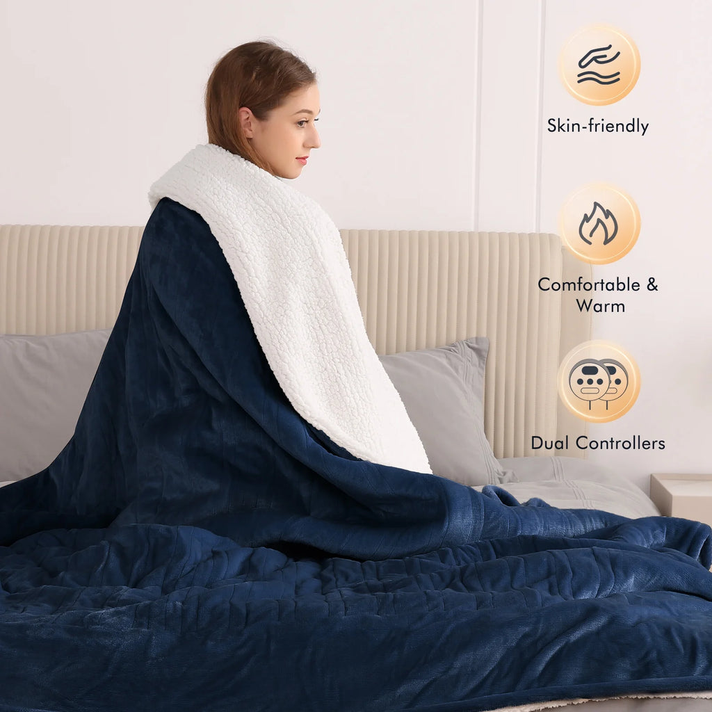 Electric Heated Blanket King Size 90''X100'', Fast Heating with Dual Controllers, 10 Heating Levels, 10H Timers, Preheat Function - Dark Blue