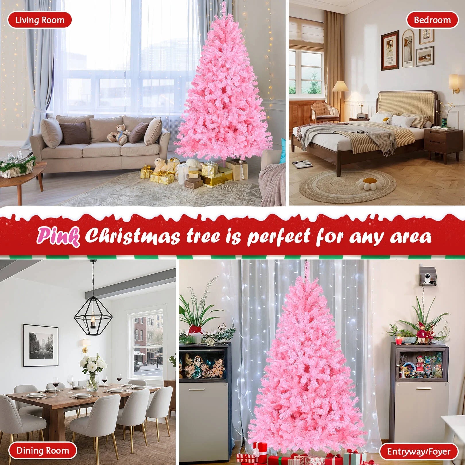 6Ft Pink Artificial Christmas Tree, Hinged Spruce Full Tree with 1477 Branch Tips, Foldable Metal Stand, New PVC Material, Xmas Tree for Indoor and Outdoor Decoration