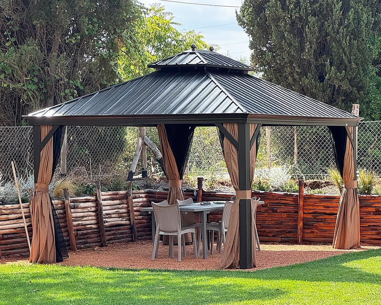 12' X 14' Outdoor Hardtop Gazebo Permanent outside Heavy Duty Sun Shade Deck Canopy for Patio All Weather Aluminum Metal Roof Backyard Pavilion with Netting and Curtains