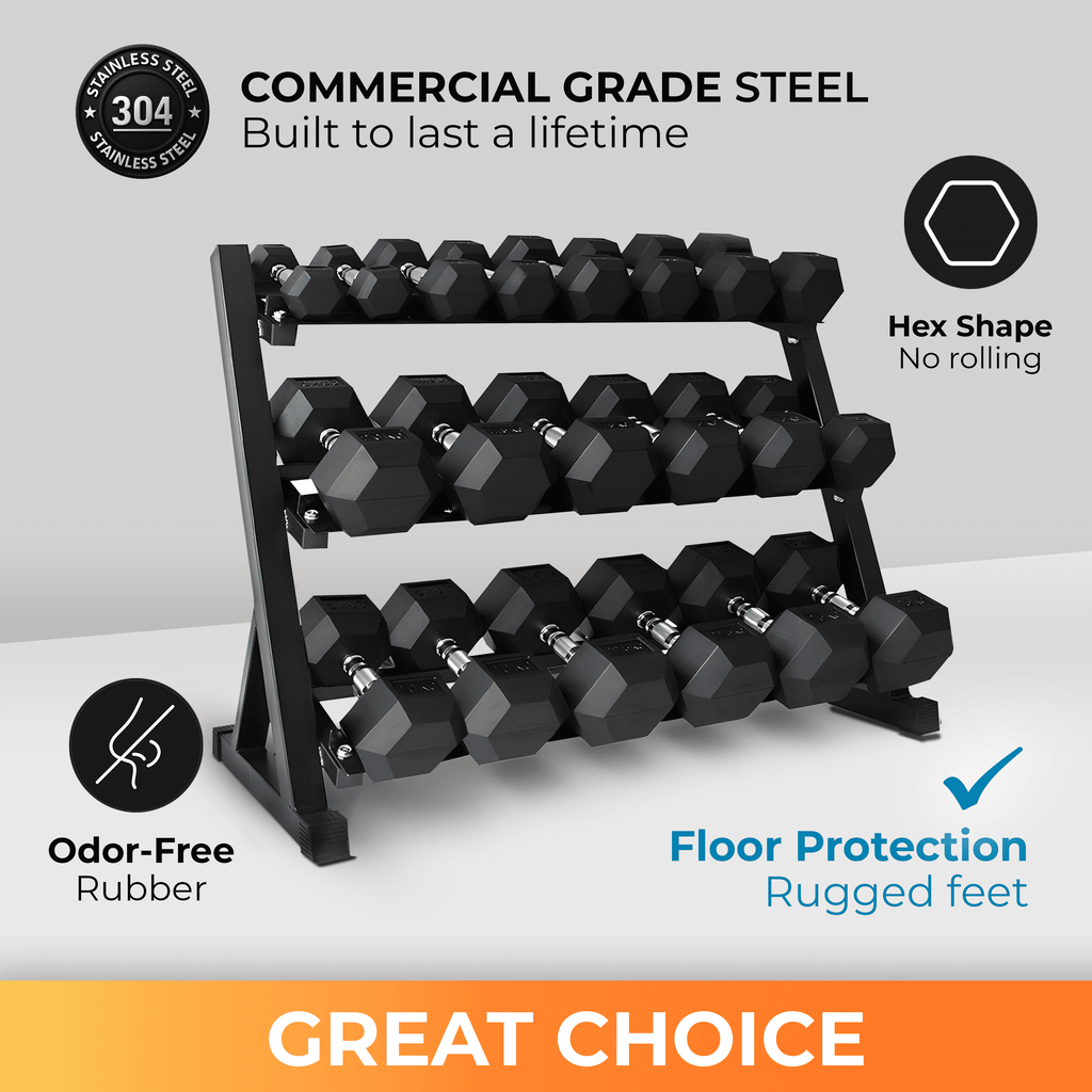 5-50 LBS Rubber Hex Dumbbell Set with Rack, 10 Pair, 550 Lbs, Weight Set for Home Gym, Strength Training, Fitness Center Equipment