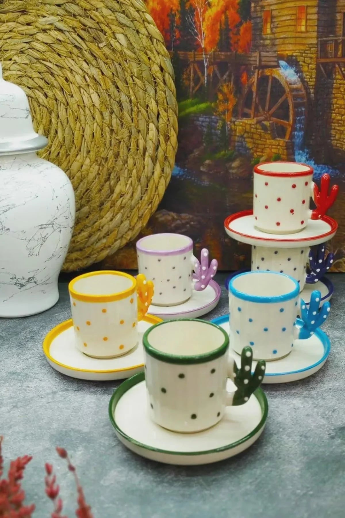 Handmade Cactus Turkish Coffee Cup Set for 6 with Boho Cactus Turkish Coffee Design