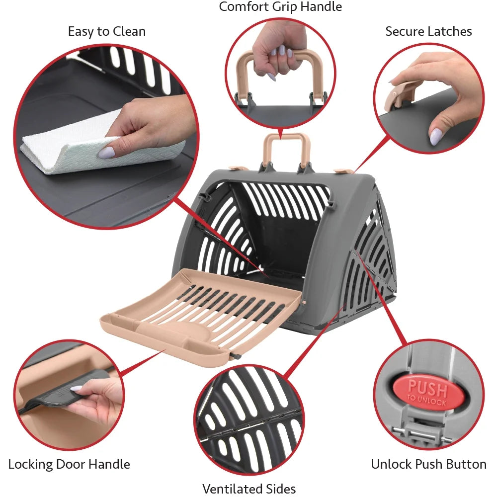 Designs Cat Carrier, Foldable Plastic, Medium, 25 Lb Limit, Gray, 15.25" L X 18.5" W X 14.25" H