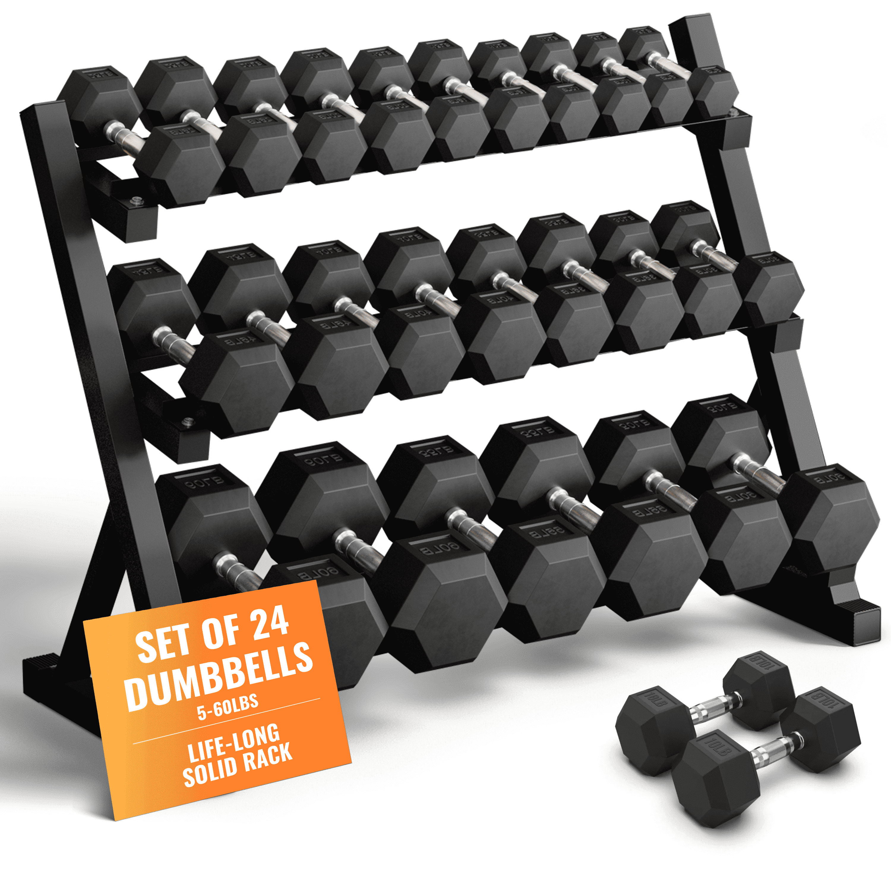 5-50 LBS Rubber Hex Dumbbell Set with Rack, 10 Pair, 550 Lbs, Weight Set for Home Gym, Strength Training, Fitness Center Equipment