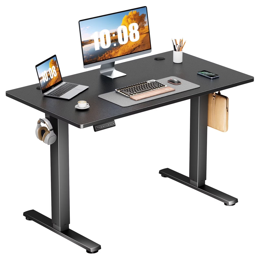Electric Standing Desk with Double Drawer - 40 X 24 Inch Adjustable Height Sit to Stand up Desk with Storage Shelf, Rising Home Office Computer Table, Black