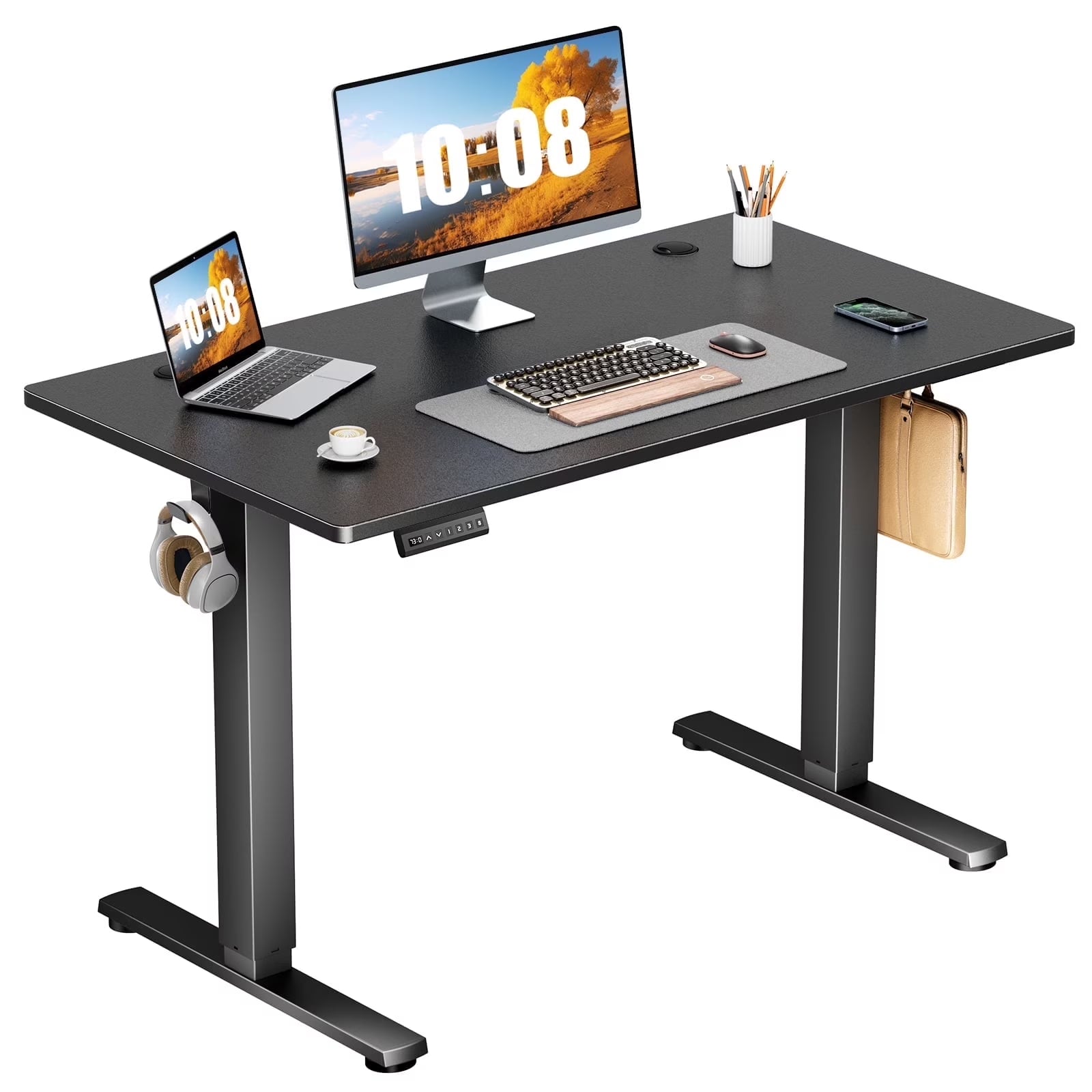 Electric Standing Desk with Double Drawer - 40 X 24 Inch Adjustable Height Sit to Stand up Desk with Storage Shelf, Rising Home Office Computer Table, Black