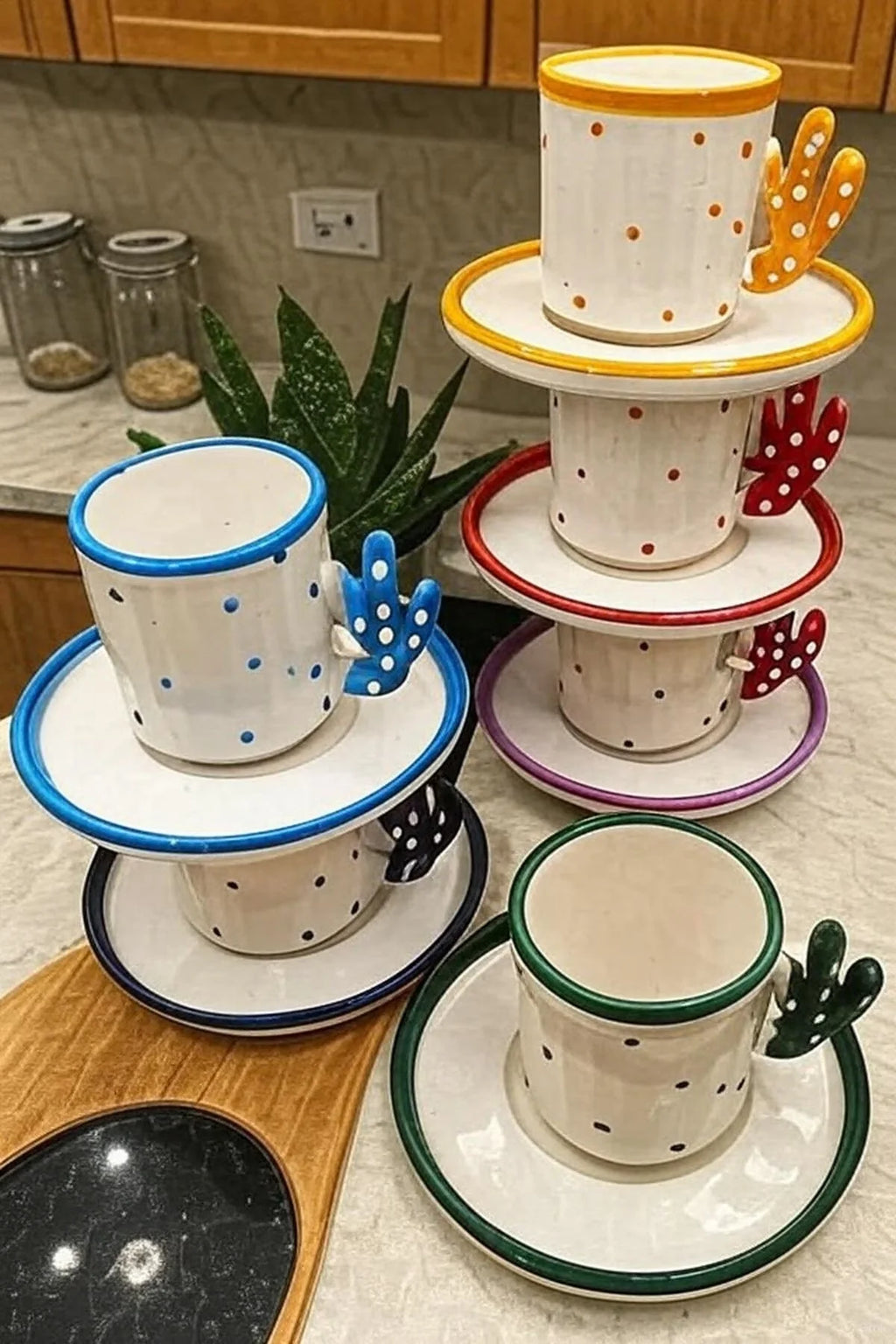 Handmade Cactus Turkish Coffee Cup Set for 6 with Boho Cactus Turkish Coffee Design