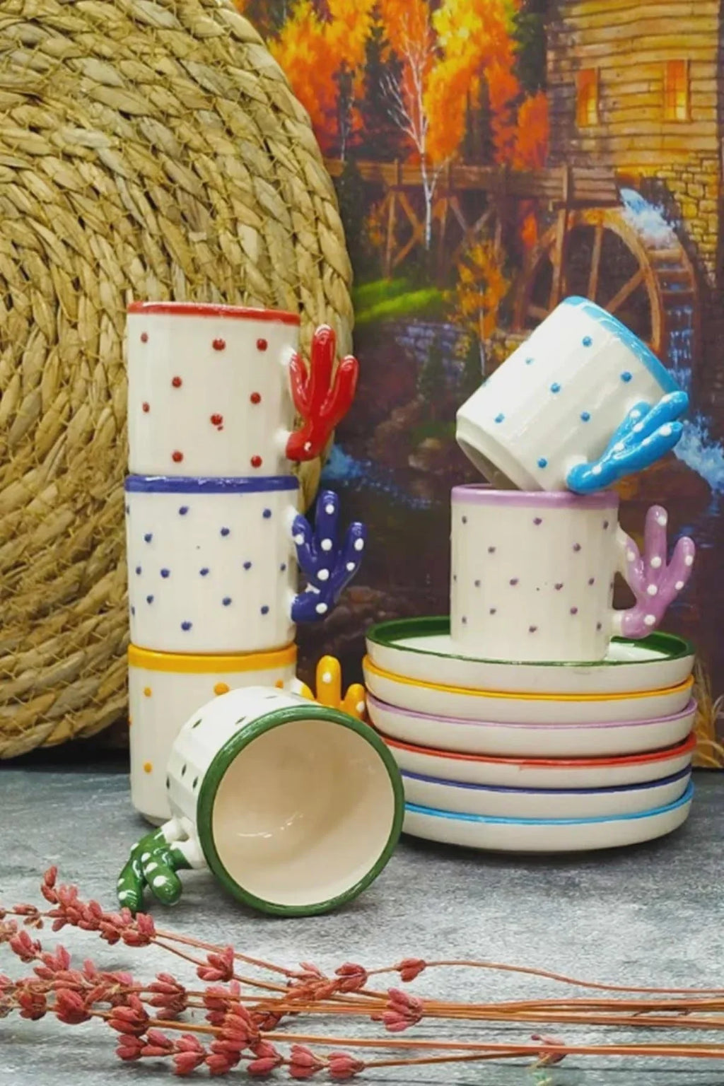 Handmade Cactus Turkish Coffee Cup Set for 6 with Boho Cactus Turkish Coffee Design