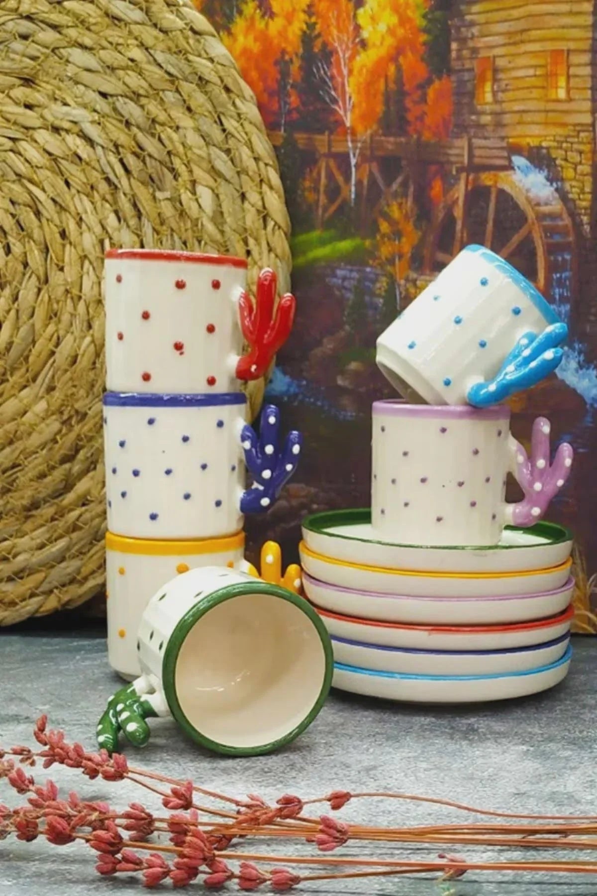 Handmade Cactus Turkish Coffee Cup Set for 6 with Boho Cactus Turkish Coffee Design